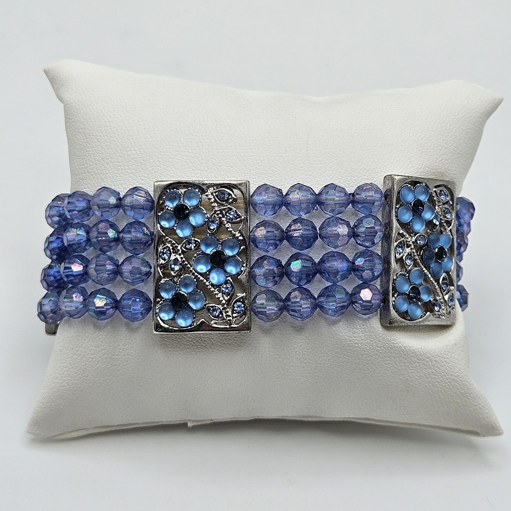 VINTAGE Blue Beaded Flower Rhinestone Silver Tone Stretch Bracelet